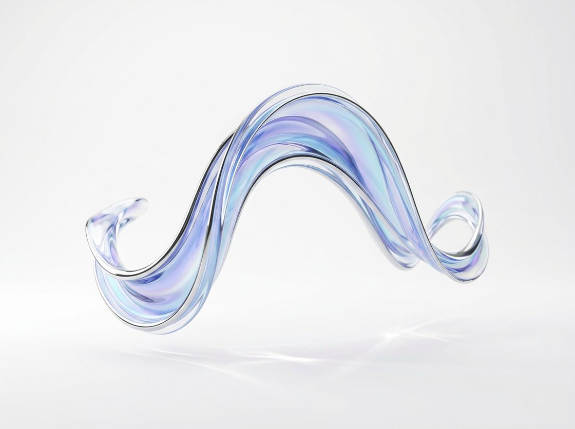 An abstract chrome ribbon of translucent glass catching iridescent blue and lavender light.
