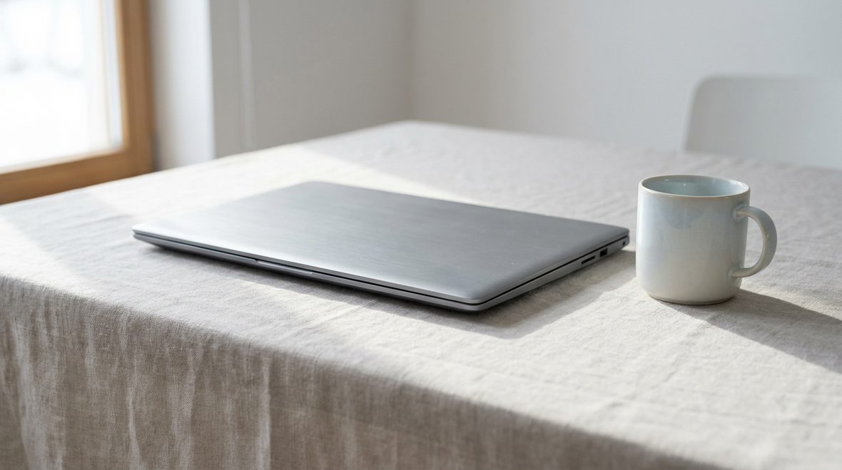 A closed silver laptop and a ceramic mug on a linen tablecloth in low morning window light.