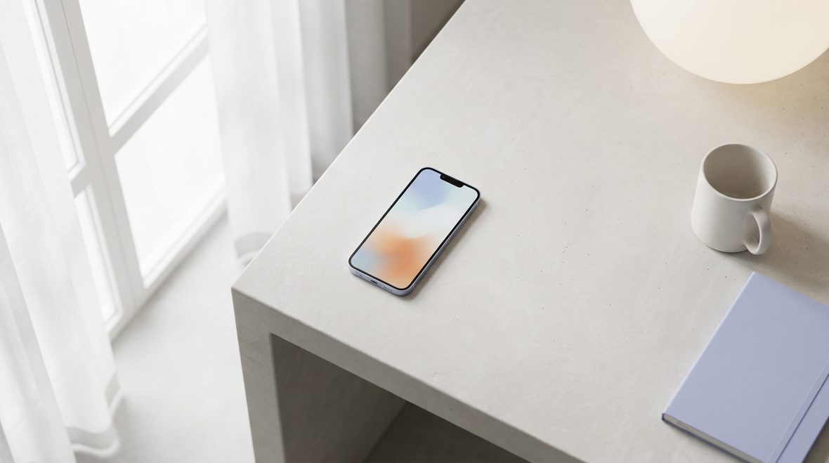 A phone resting on a pale concrete desk beside a soft globe lamp, lit by daylight through sheer curtains.